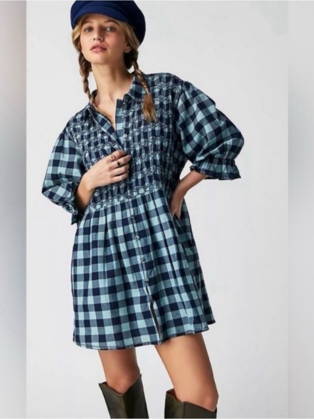 Free People Blue Gingham Smocked Button-Front Top